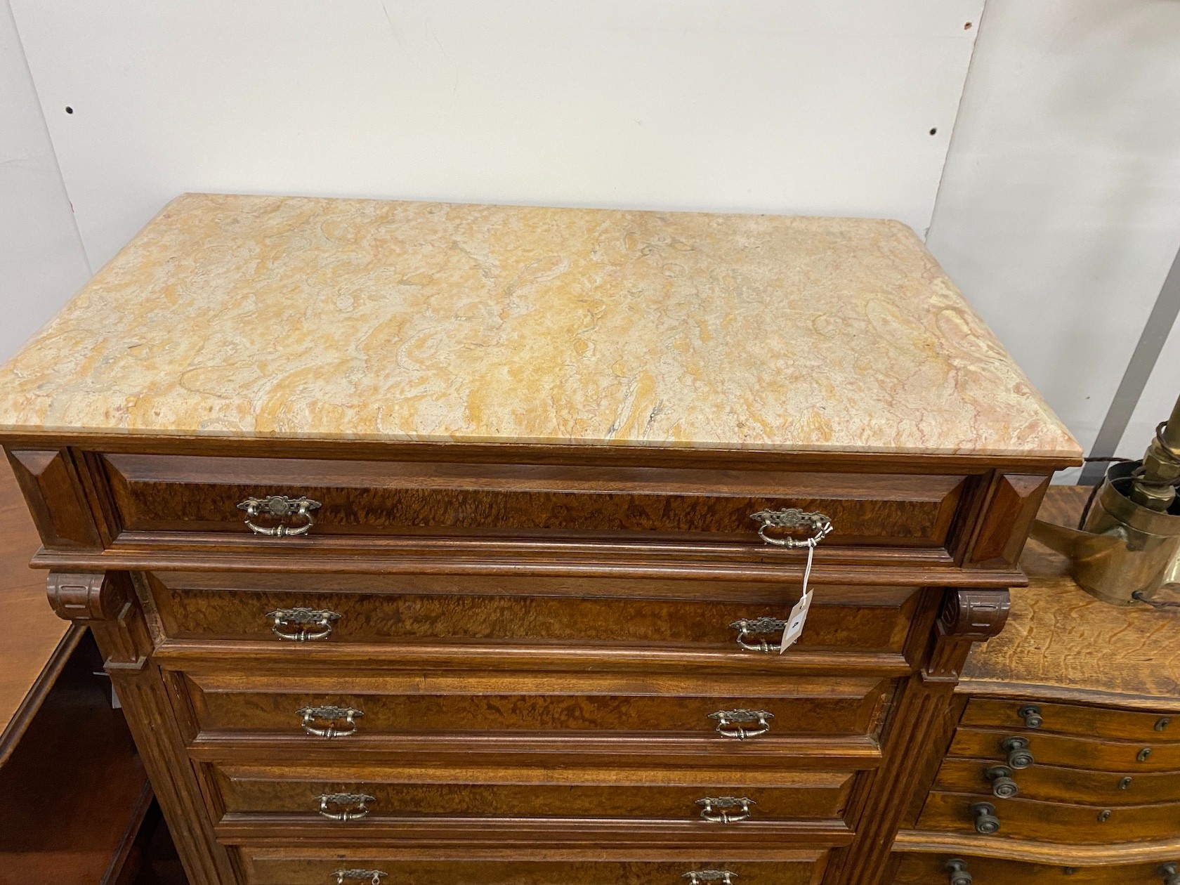 An early 20th century French marble topped eight drawer tall chest, width 94cm, depth 49cm, height 144cm